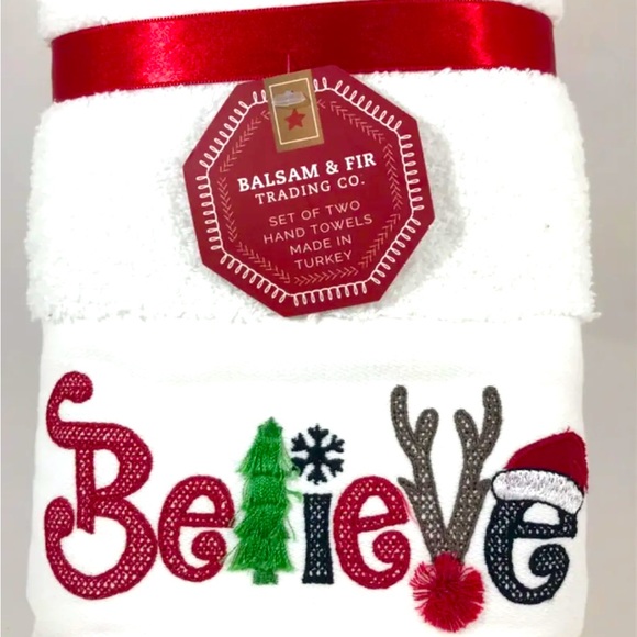 Balsam & Fir Set of 2 Embroidered & Jeweled Christmas Believe Hand Towels White - Picture 1 of 4